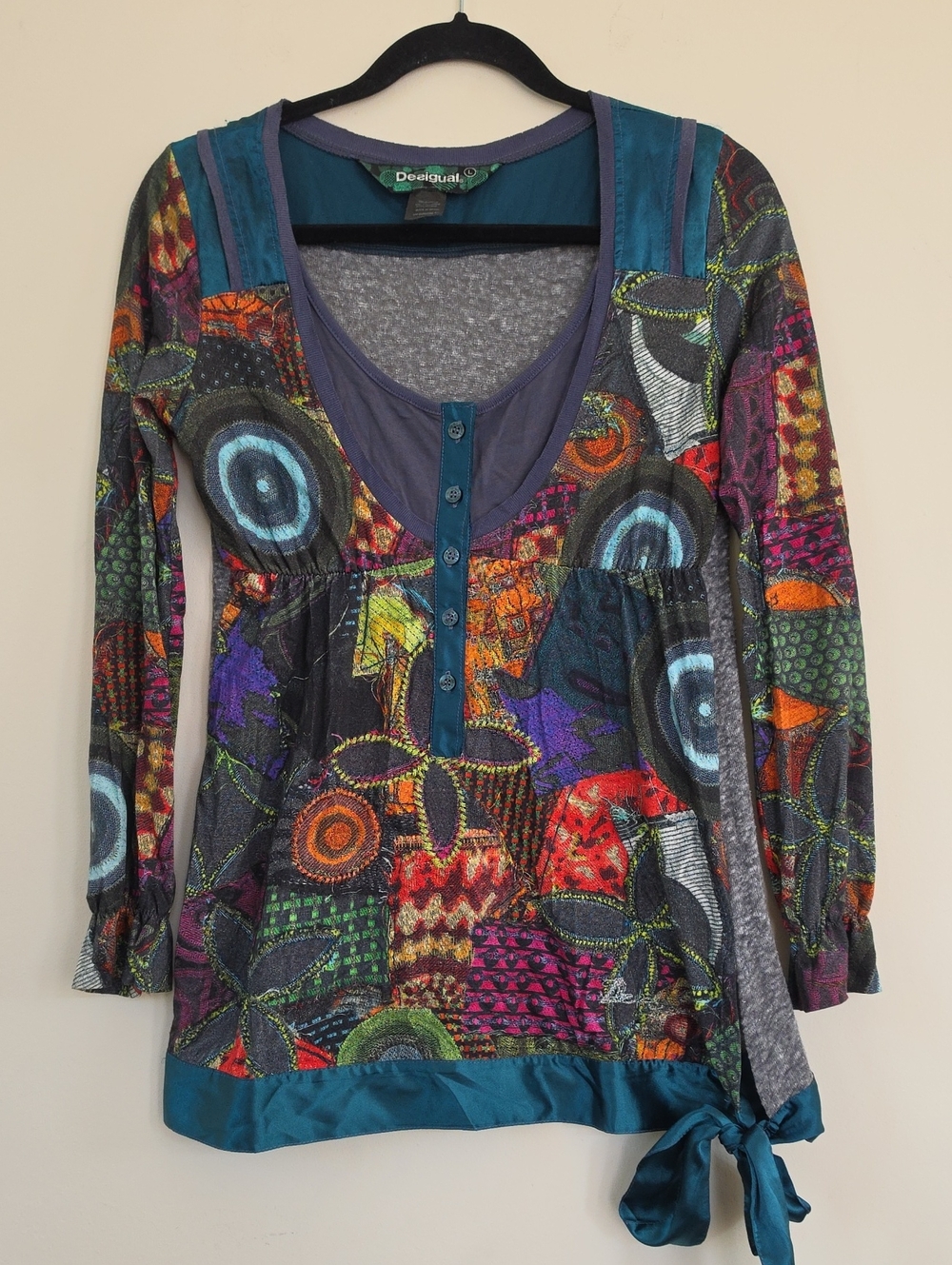 Desigual Patchwork Mosaic Tunic Top Long Sleeve Side-Tie Teal Y2k 2000s Bohemian
